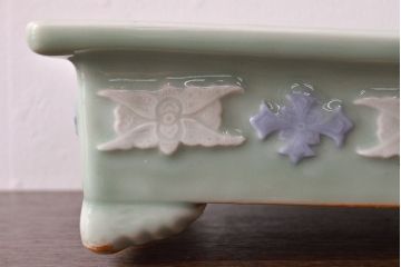 古い　池林堂半七製　青磁陽刻　水盤(植木鉢、ディスプレイ)(R-051982)