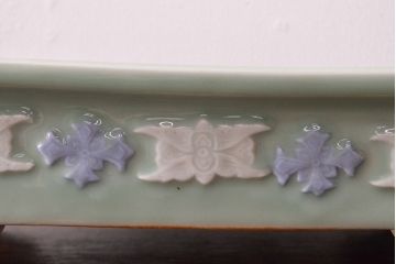 古い　池林堂半七製　青磁陽刻　水盤(植木鉢、ディスプレイ)(R-051982)