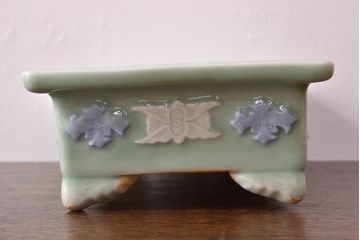 古い　池林堂半七製　青磁陽刻　水盤(植木鉢、ディスプレイ)(R-051982)