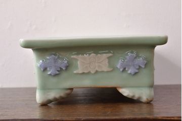 古い　池林堂半七製　青磁陽刻　水盤(植木鉢、ディスプレイ)(R-051982)