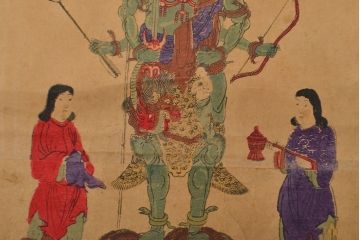 古い　庚申信仰　金剛明王　掛軸(掛け軸、仏画、三猿)(R-051983)