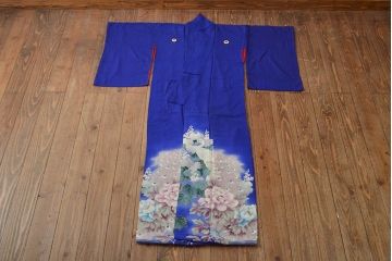 大正〜昭和初期　孔雀の図　縮緬着物(古布、正絹)(R-051989)