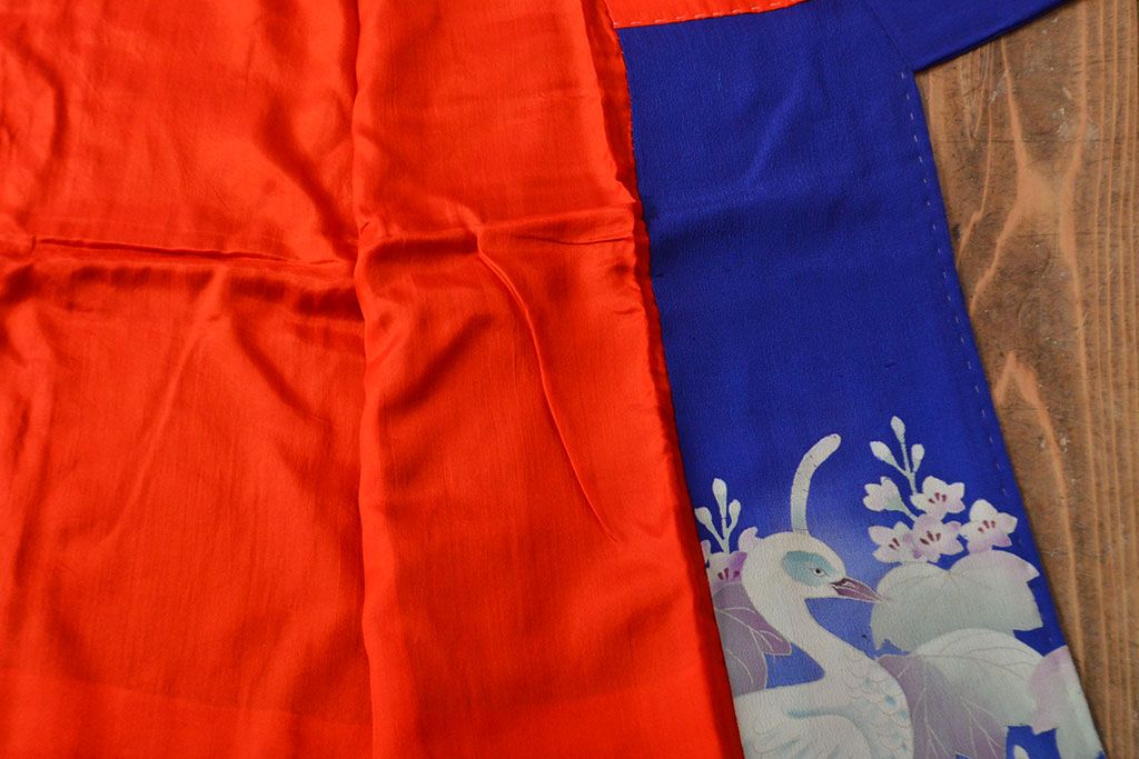 大正〜昭和初期　孔雀の図　縮緬着物(古布、正絹)(R-051989)