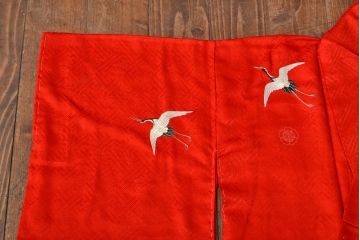 大正〜昭和初期　松鶴　刺繍着物(古布、正絹)(R-051991)