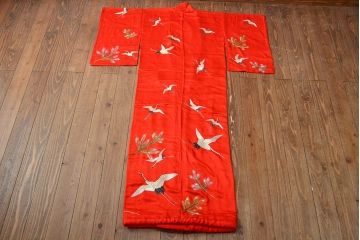 大正〜昭和初期　松鶴　刺繍着物(古布、正絹)(R-051991)