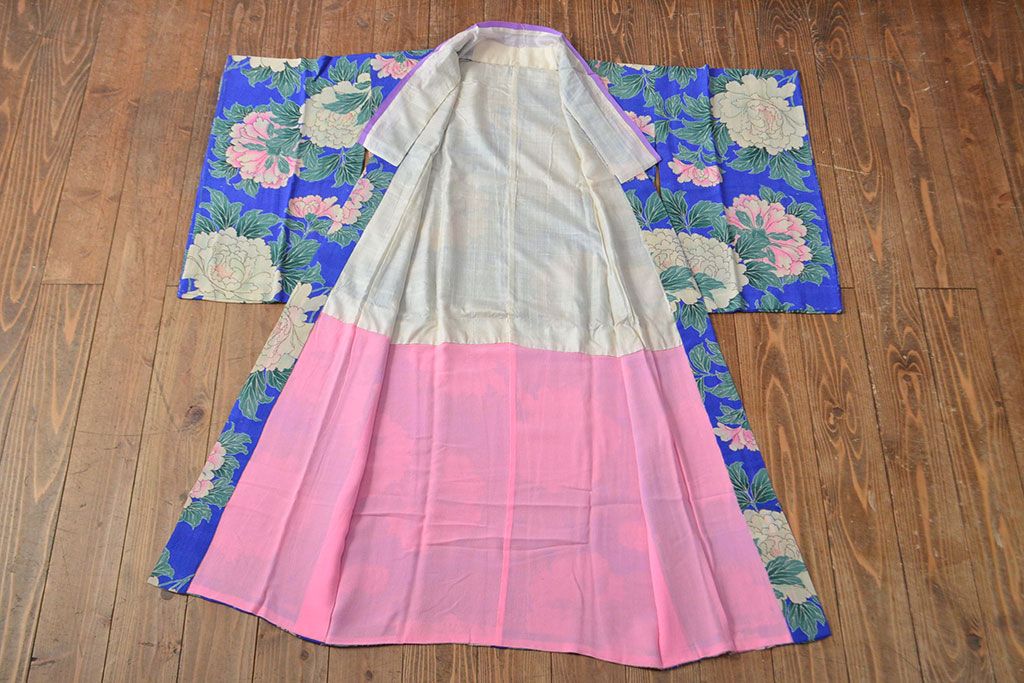 大正〜昭和初期　牡丹図　縮緬着物(古布、正絹)(R-051993)