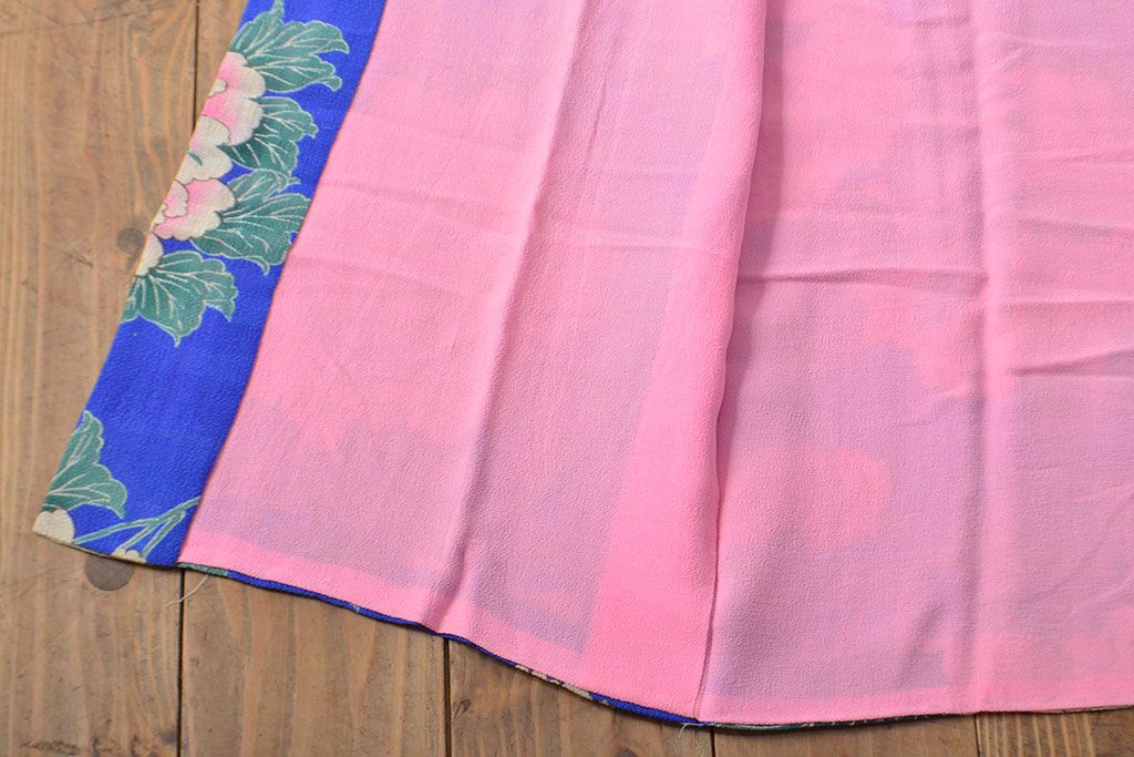 大正〜昭和初期　牡丹図　縮緬着物(古布、正絹)(R-051993)