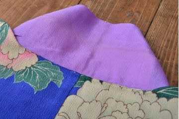 大正〜昭和初期　牡丹図　縮緬着物(古布、正絹)(R-051993)