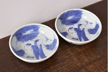 江戸期　古伊万里　染付仙人図　なます皿2枚セット(中皿、和食器)(R-052000)