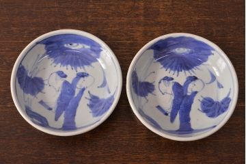 江戸期　古伊万里　染付仙人図　なます皿2枚セット(中皿、和食器)(R-052000)