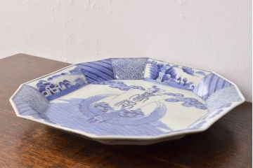 江戸期　古伊万里　大明成化年製　鶴の図　染付　十二角皿(和食器)(R-052002)