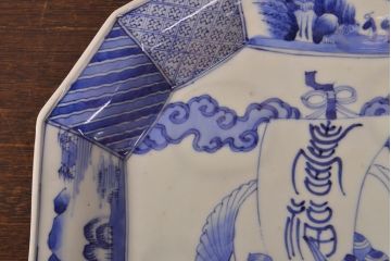 江戸期　古伊万里　大明成化年製　鶴の図　染付　十二角皿(和食器)(R-052002)