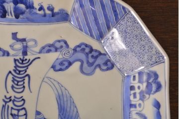 江戸期　古伊万里　大明成化年製　鶴の図　染付　十二角皿(和食器)(R-052002)