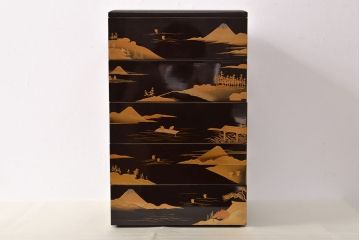 明治期　富士風景図変わり　金蒔絵　五段重箱(共箱、漆器)(R-052006)