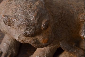 古い　虎親子　時代木彫り　在銘　作家物(置物、置き物、ディスプレイ)(R-052007)