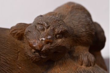 古い　虎親子　時代木彫り　在銘　作家物(置物、置き物、ディスプレイ)(R-052007)