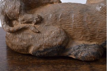 古い　虎親子　時代木彫り　在銘　作家物(置物、置き物、ディスプレイ)(R-052007)