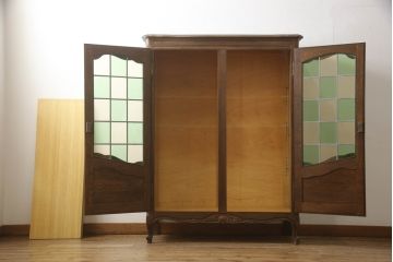 ビンテージ家具　美品　オーク材　ステンドグラス入り扉がおしゃれなキャビネット(本箱、ブックケース、収納棚、ヴィンテージ)(R-052015)