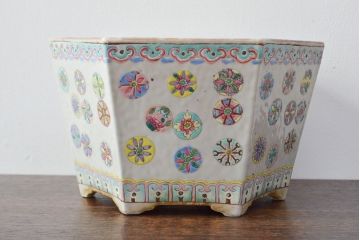 古い　色絵　粉彩　六角植木鉢(中国、盆栽鉢)(R-052040)