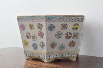 古い　色絵　粉彩　六角植木鉢(中国、盆栽鉢)(R-052040)