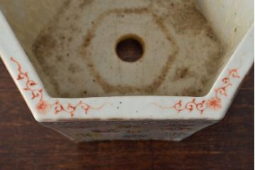 古い　色絵　粉彩　六角植木鉢(中国、盆栽鉢)(R-052040)