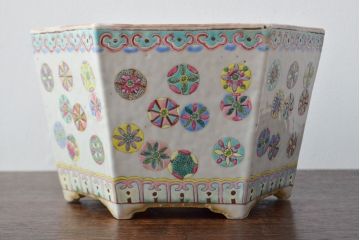 古い　色絵　粉彩　六角植木鉢(中国、盆栽鉢)(R-052040)