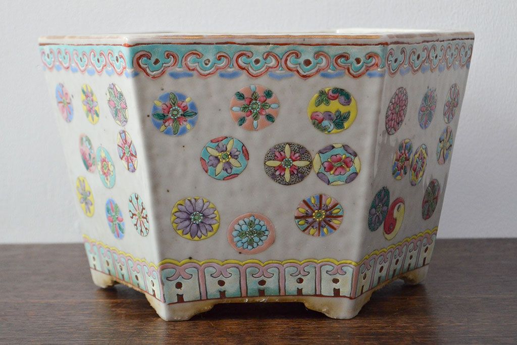 古い　色絵　粉彩　六角植木鉢(中国、盆栽鉢)(R-052040)