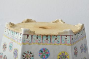古い　色絵　粉彩　六角植木鉢(中国、盆栽鉢)(R-052040)