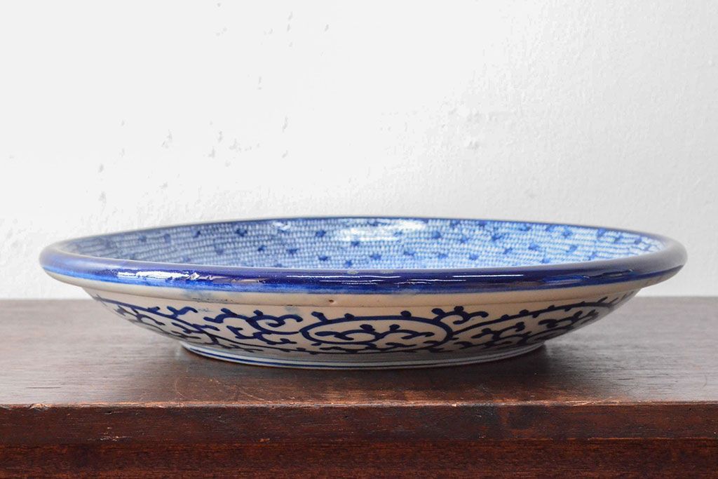 明治期　伊万里焼　微塵唐草染付　一尺三寸大皿(和食器)(R-052044)