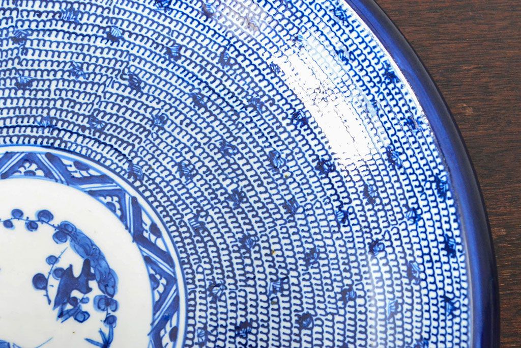 明治期　伊万里焼　微塵唐草染付　一尺三寸大皿(和食器)(R-052044)