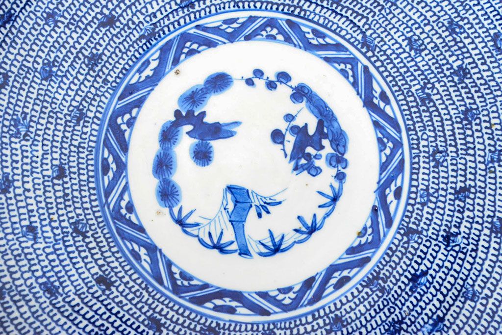 明治期　伊万里焼　微塵唐草染付　一尺三寸大皿(和食器)(R-052044)