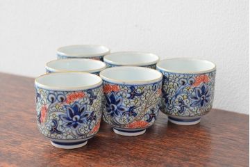 大清光緒年製　色絵染付猪口6客セット(伊万里、中国?)(R-052046)