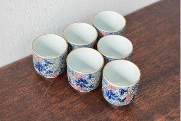大清光緒年製　色絵染付猪口6客セット(伊万里、中国?)(R-052046)