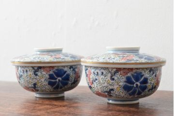 大清光緒年製　色絵染付蓋茶碗2客セット(伊万里、中国?)(R-052049)