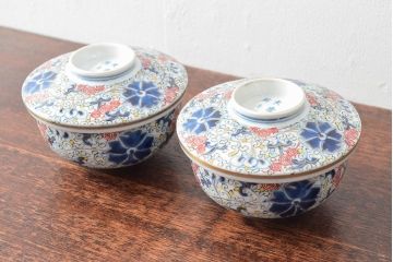 大清光緒年製　色絵染付蓋茶碗2客セット(伊万里、中国?)(R-052050)