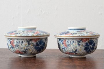 大清光緒年製　色絵染付蓋茶碗2客セット(伊万里、中国?)(R-052052)