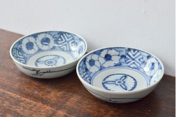 江戸期　古伊万里　花文染付なます皿2枚(和食器)(R-052059)
