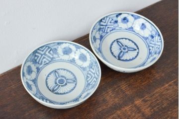 江戸期　古伊万里　花文染付なます皿2枚(和食器)(R-052059)