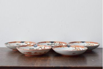 明治期　九谷焼　鶴亀に高砂図　色絵　小皿5枚セット(和食器)(R-052061)