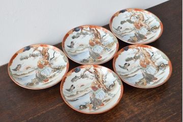 明治期　九谷焼　鶴亀に高砂図　色絵　小皿5枚セット(和食器)(R-052061)