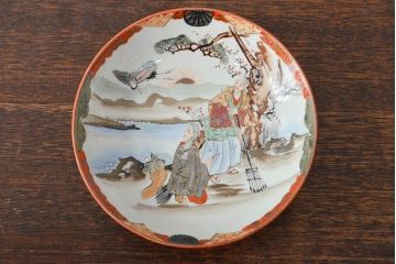 明治期　九谷焼　鶴亀に高砂図　色絵　小皿5枚セット(和食器)(R-052061)