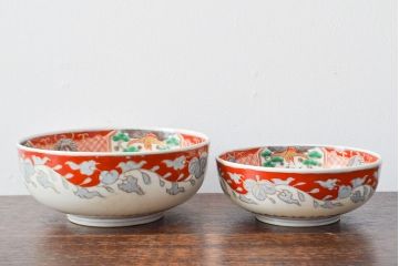 江戸期　古伊万里　色絵染付花模様　深鉢2点セット(深皿、和食器)(R-052062)