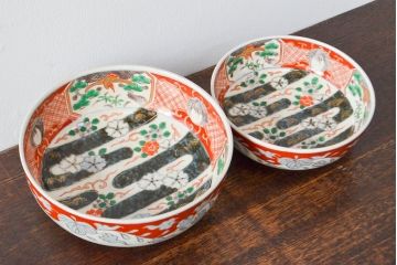 江戸期　古伊万里　色絵染付花模様　深鉢2点セット(深皿、和食器)(R-052062)