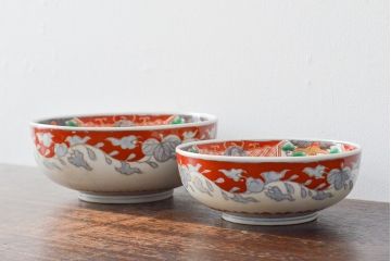 江戸期　古伊万里　色絵染付花模様　深鉢2点セット(深皿、和食器)(R-052062)