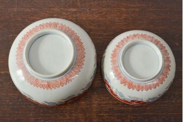 江戸期　古伊万里　色絵染付花模様　深鉢2点セット(深皿、和食器)(R-052062)