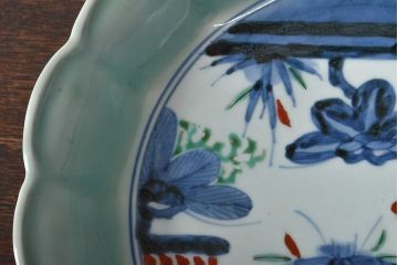 江戸期　古伊万里　大明成化年製　青磁染付色絵　九寸皿(和食器、大皿)(R-052063)