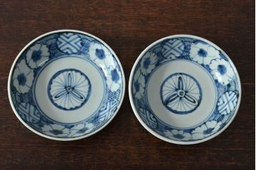 江戸期　古伊万里　花文染付なます皿2枚(和食器)(R-052067)