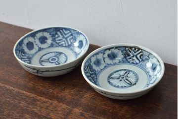 江戸期　古伊万里　花文染付なます皿2枚(和食器)(R-052068)