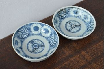 江戸期　古伊万里　花文染付なます皿2枚(和食器)(R-052068)
