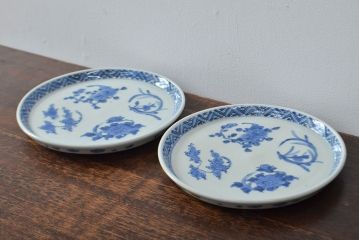 江戸期　古伊万里　四花文染付　六寸皿2枚セット(和食器、中皿)(R-052069)